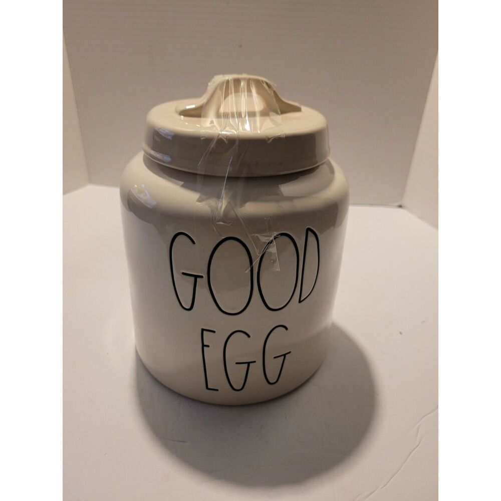 New LARGE Rae Dunn GOOD EGG Ceramic Canister Crock Jar w Airtight Lid white